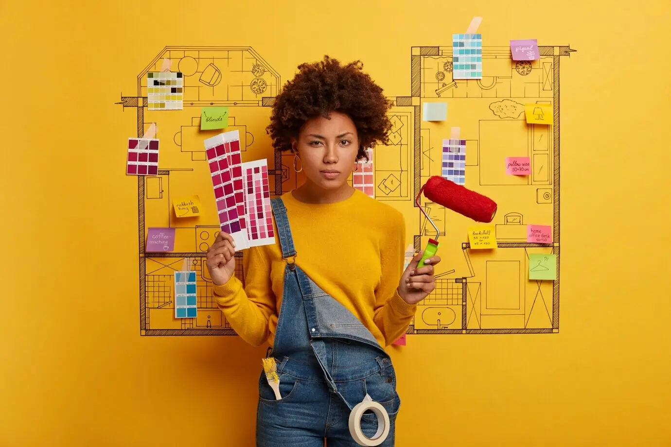 Fröhliche junge Designerin plant die Renovierung eines modernen Apartments.